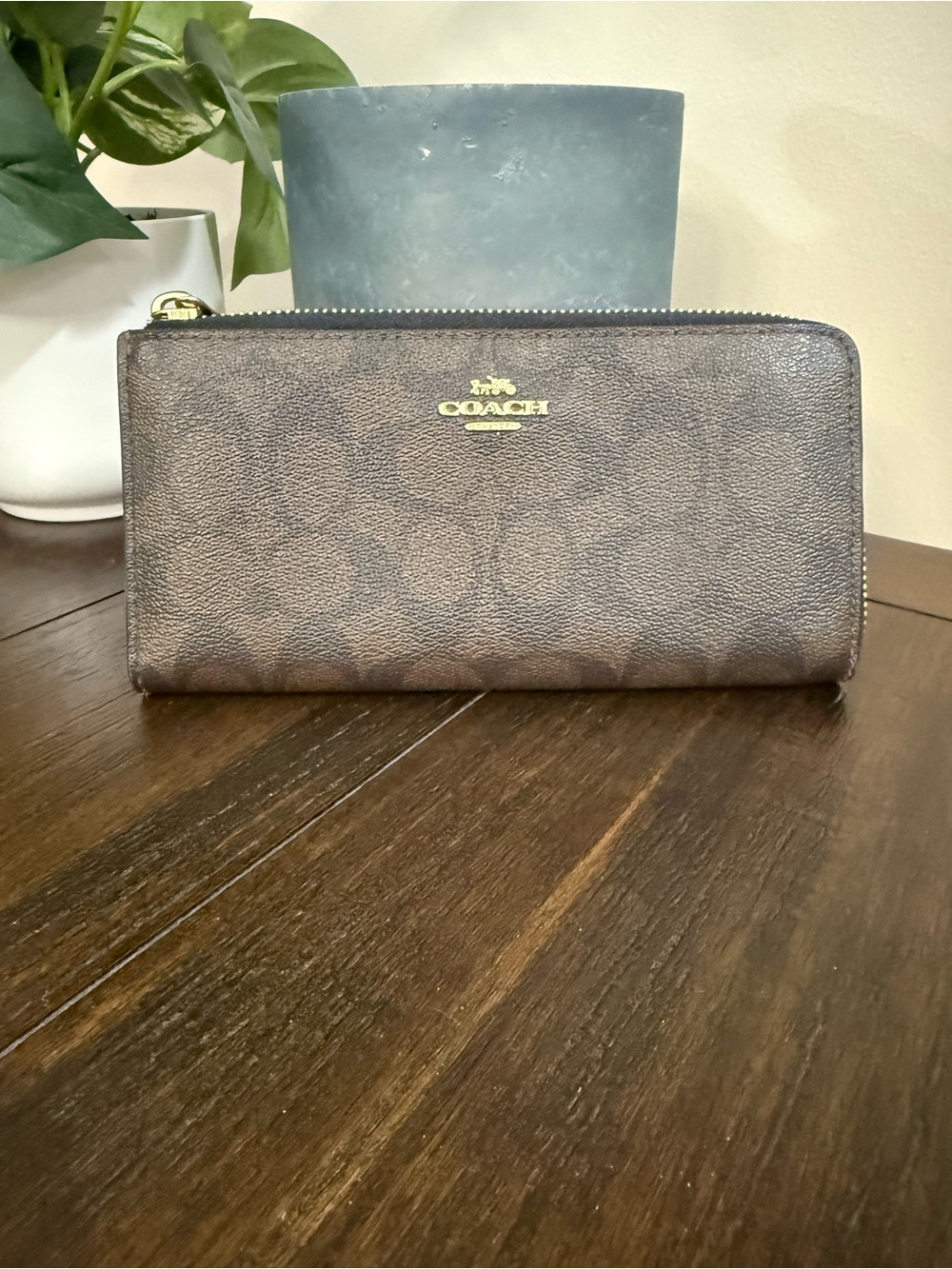 Coach Brown Signature Zip Around Wallet with Gold Logo